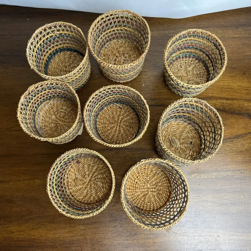 Vintage Woven Wicker Rattan Baskets Cup Glass Holder Boho Multicolor Set of 8